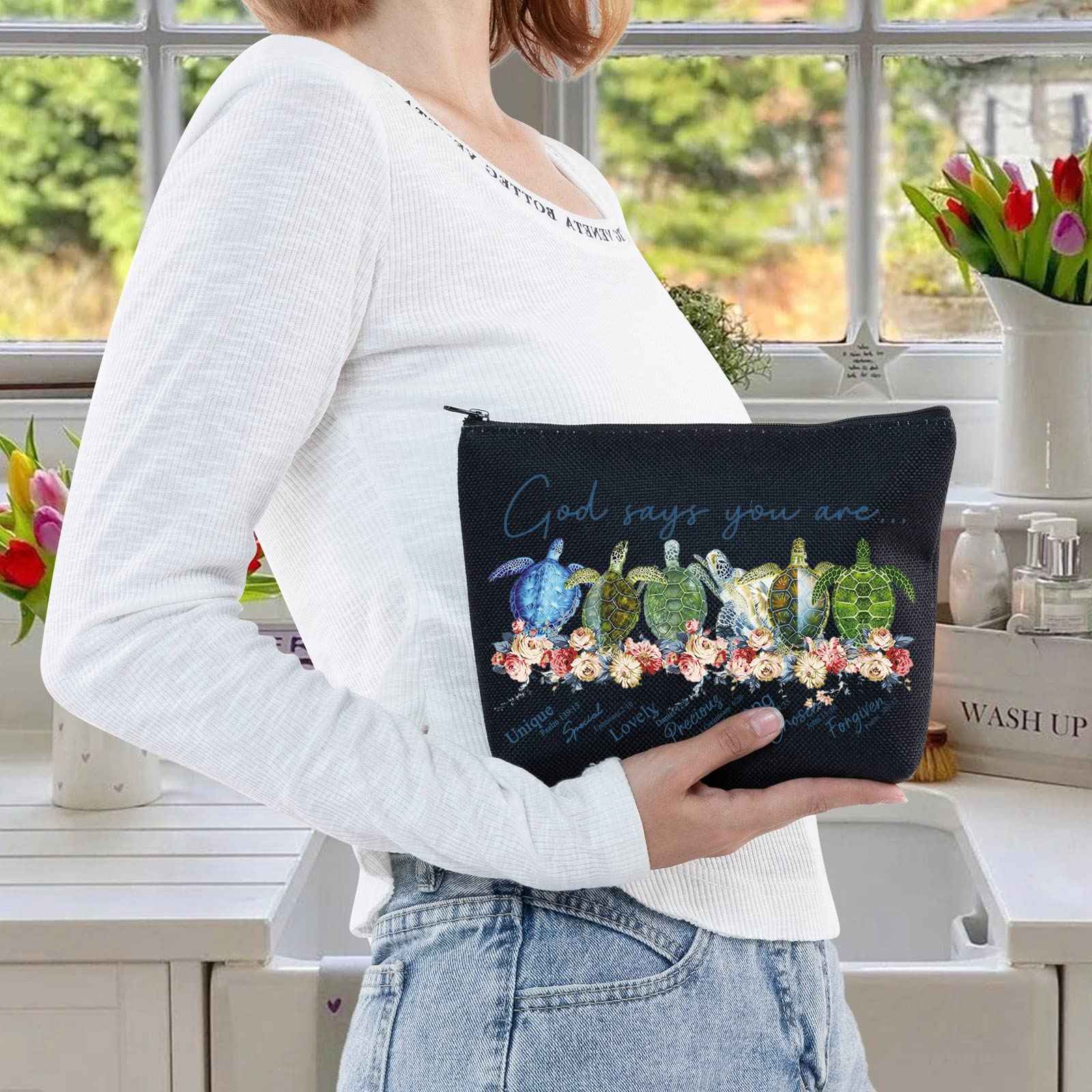 LEVLO Sea Turtle Cosmetic Make Up Bag Turtle Lover Gift God Says You Are Unique Special Lovely Chosen Forgiven Makeup Zipper Pouch Bag(God Says Turtle Black)