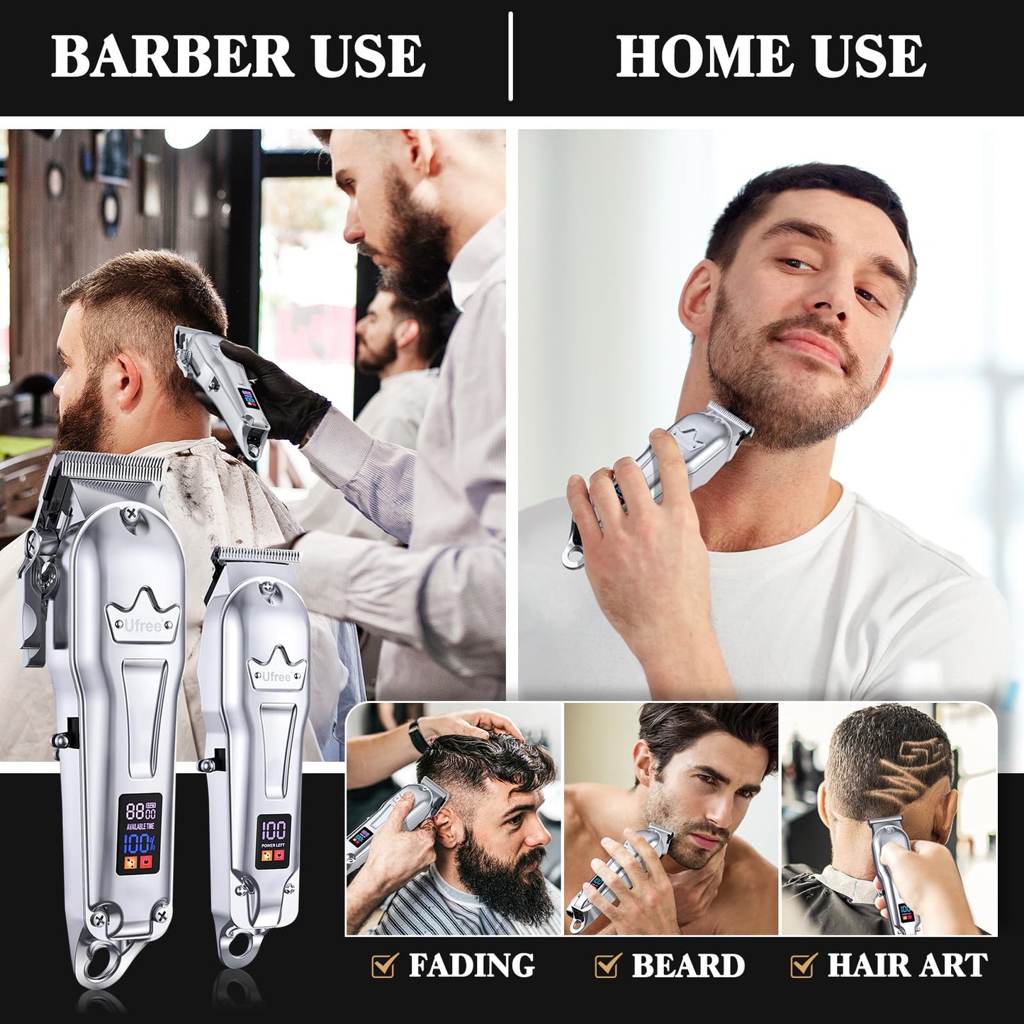 Ufree® Hair Clippers, Professional Beard Hair Trimmer, Cordless Barber Clippers Supplies, Hair Cutting Kit, T Liners Edgers Clippers, Birthday Gifts for Men Women, Silver