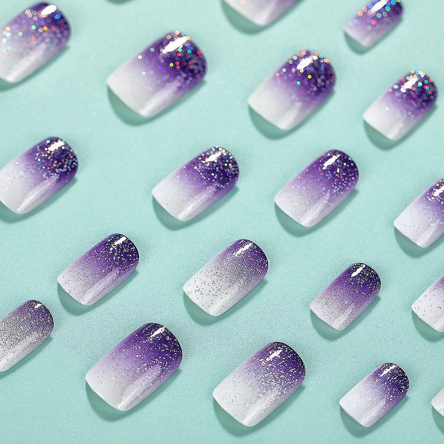 MERVF Square Press on Nails Medium Fake Nails Press ons White Purple Ombre French Tip Glue on Nails Squoval Acrylic False Nails with Glitter Design Glossy 24pcs