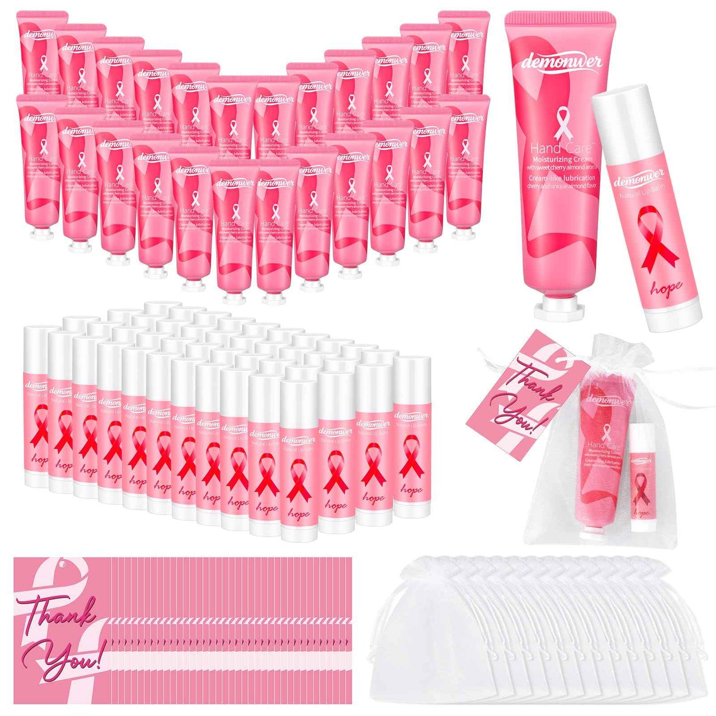40 Sets Breast Cancer Awareness Favors Pink Ribbon Hand Cream Lip Balm with Thank You Cards Organza Bags Awareness Gifts for Women Nurse Breast Cancer Charity Event Survivor Campaign Party Favors