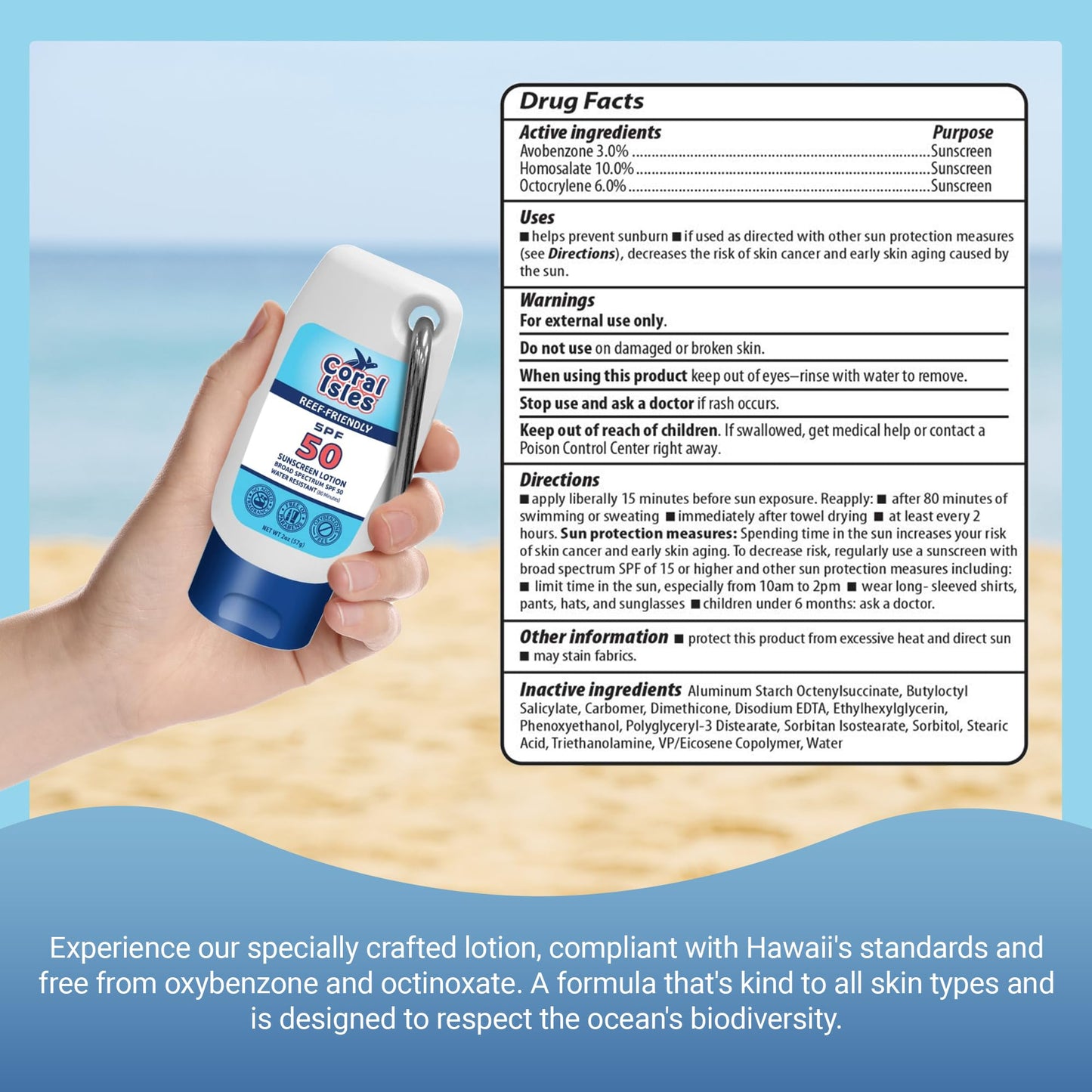 Coral Isles Sunscreen SPF 50 | Hawaii Compliant as Reef Safe | Octinoxate & Oxybenzone Free | Broad Spectrum UVA/UVB Protection | Water Resistant 80 Min. | Fragrance Free | 2 Fl Oz (Pack of 2))