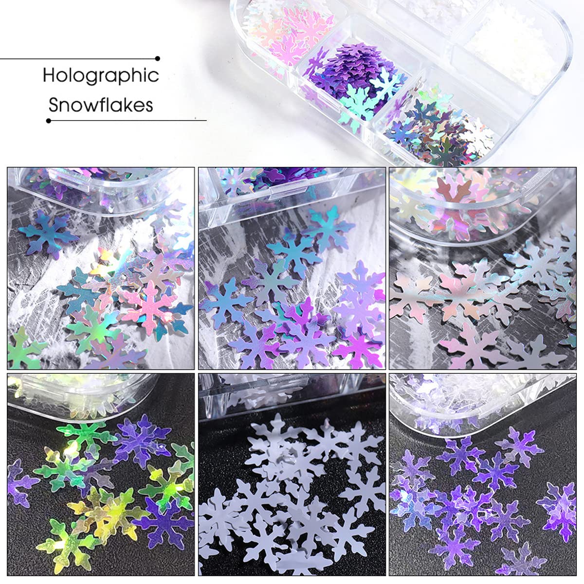 Snowflake Glitter Nail Sequins - White Snowflake Nail Art Glitters Holographic Sequins Winter Snowflakes Christmas Nail Stickers Decals Nail Charms Xmas Nail Decorations for DIY Nail Art,6 Grids