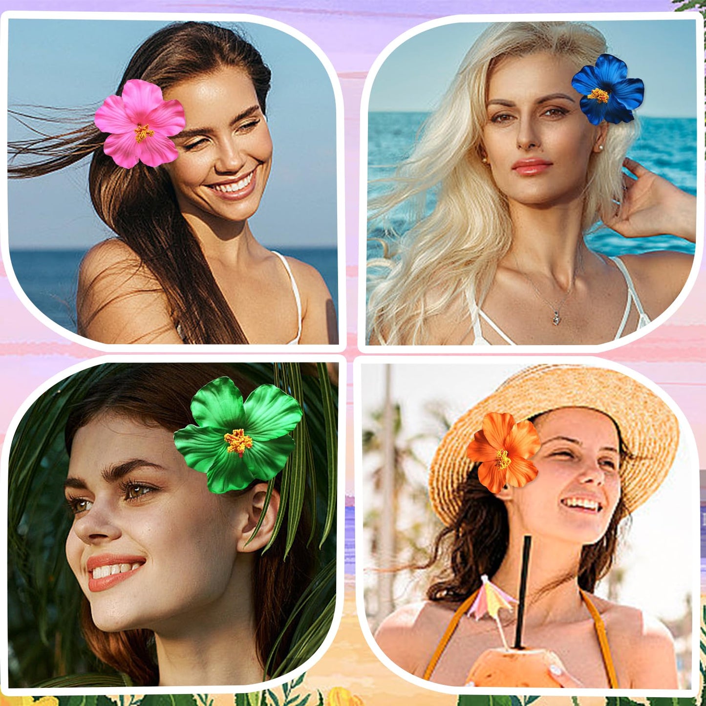 Hawaiian Flower Hair Clips for Women Pink & Orange & Green & Blue Hair Clip Fashion Artificial Flower Clips Summer Hair Accessories for Vacation Beach Party 4PCS