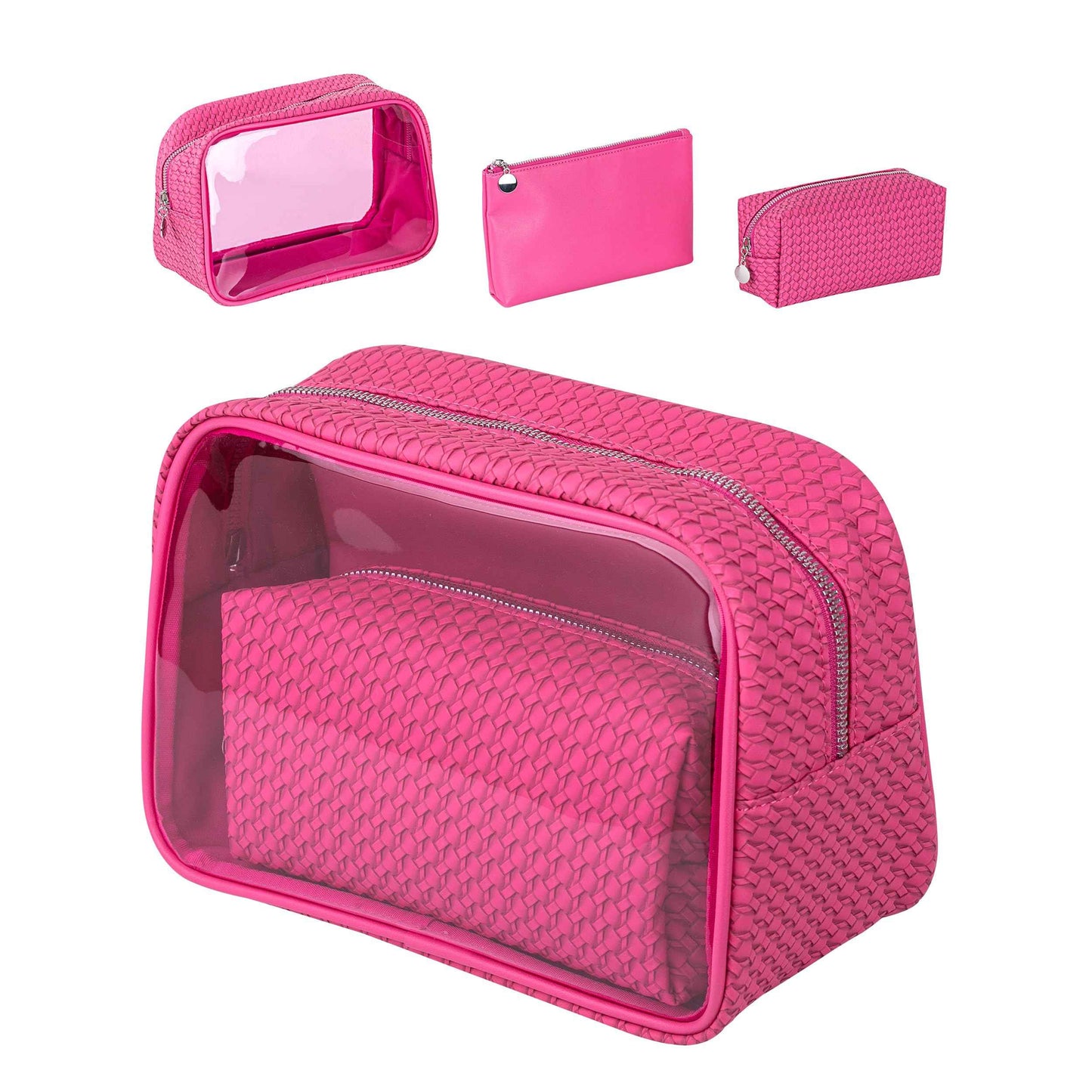 Sylune 3-in-1 Clear Toiletry Bag Set – Waterproof Travel Makeup Organizer with Textured Pouches, Transparent Cosmetic Case for Women (Pink)