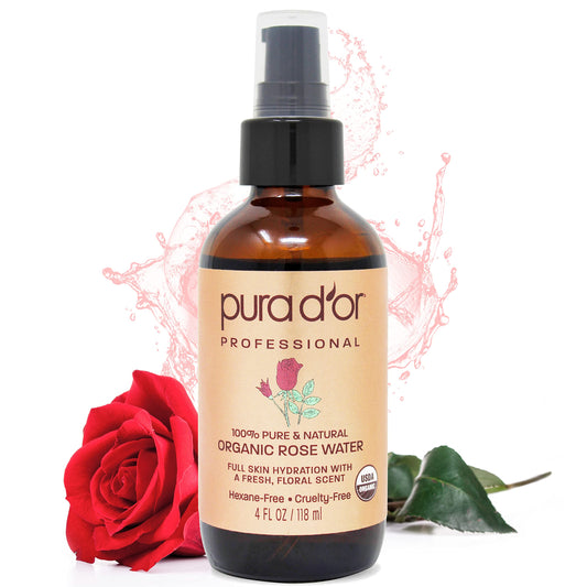 PURA D'OR Organic Rose Water Toner (4oz / 118mL) Eau Fraiche, 100% Pure Full Skin Hydration, Control Excess Oils & Acne - Cleanses & Softens - Promotes Healthy Skin Cell - for All Skin Types