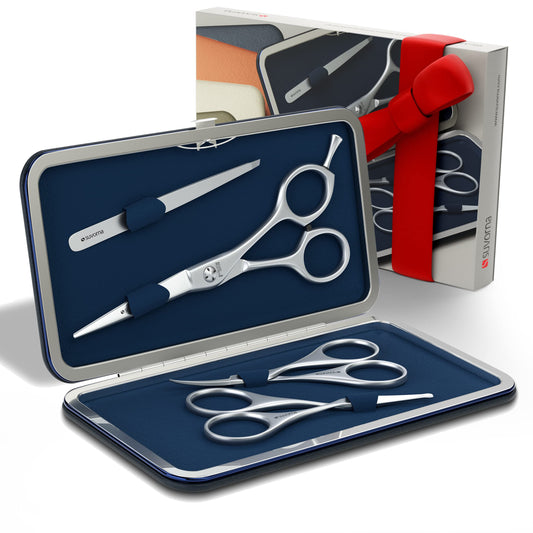 Suvorna Beard & Mustache trimming kit with Beard Scissors, Mustache Scissors, Facial Hair Scissors, Grooming Scissors, Ear Scissors, Nose Scissors, Eyebrow Scissors, and Tweezer Men. (4 Pcs Blue)