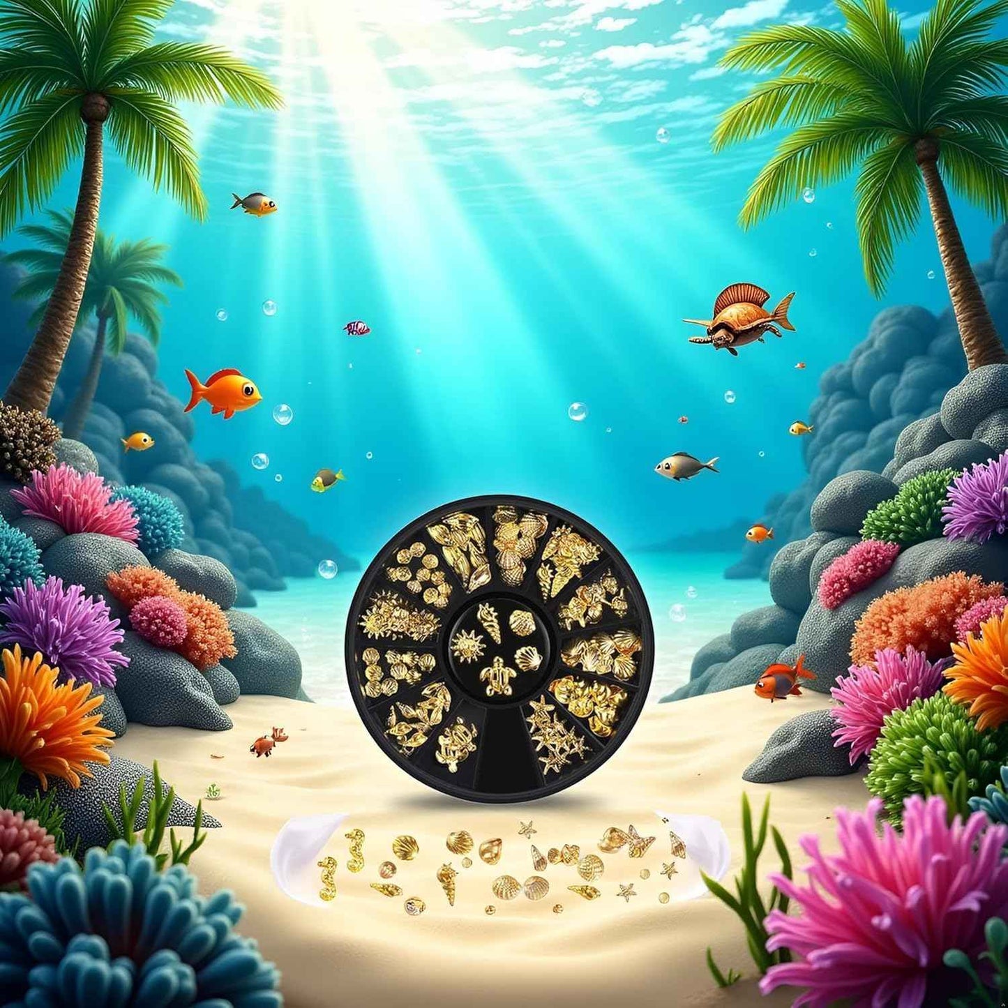 12 Styles Golds Nail Art Metal Studs Metallic 3D Pieces Rivet Palm Tree Turtles Marine Life Charms for Summer Beach Manicure DIY Acrylic Nails Design Supply Nail Art and Polish (Gold Ocean Studs)