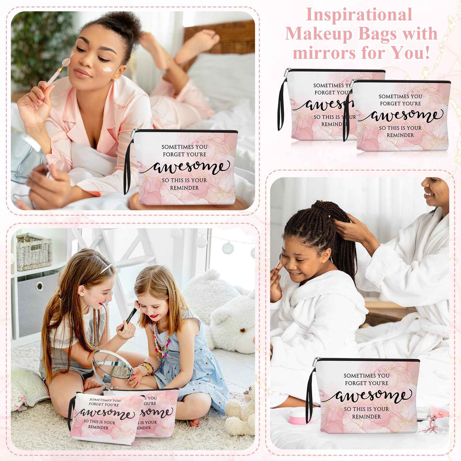 Beeveer 15 Sets Pink Thank You Gifts for Women, Makeup Bags and Compact Mirrors, Christmas Inspirational Gifts for Teacher Employee, Sometimes You Forget You're Awesome Set for Holiday, Thanksgiving