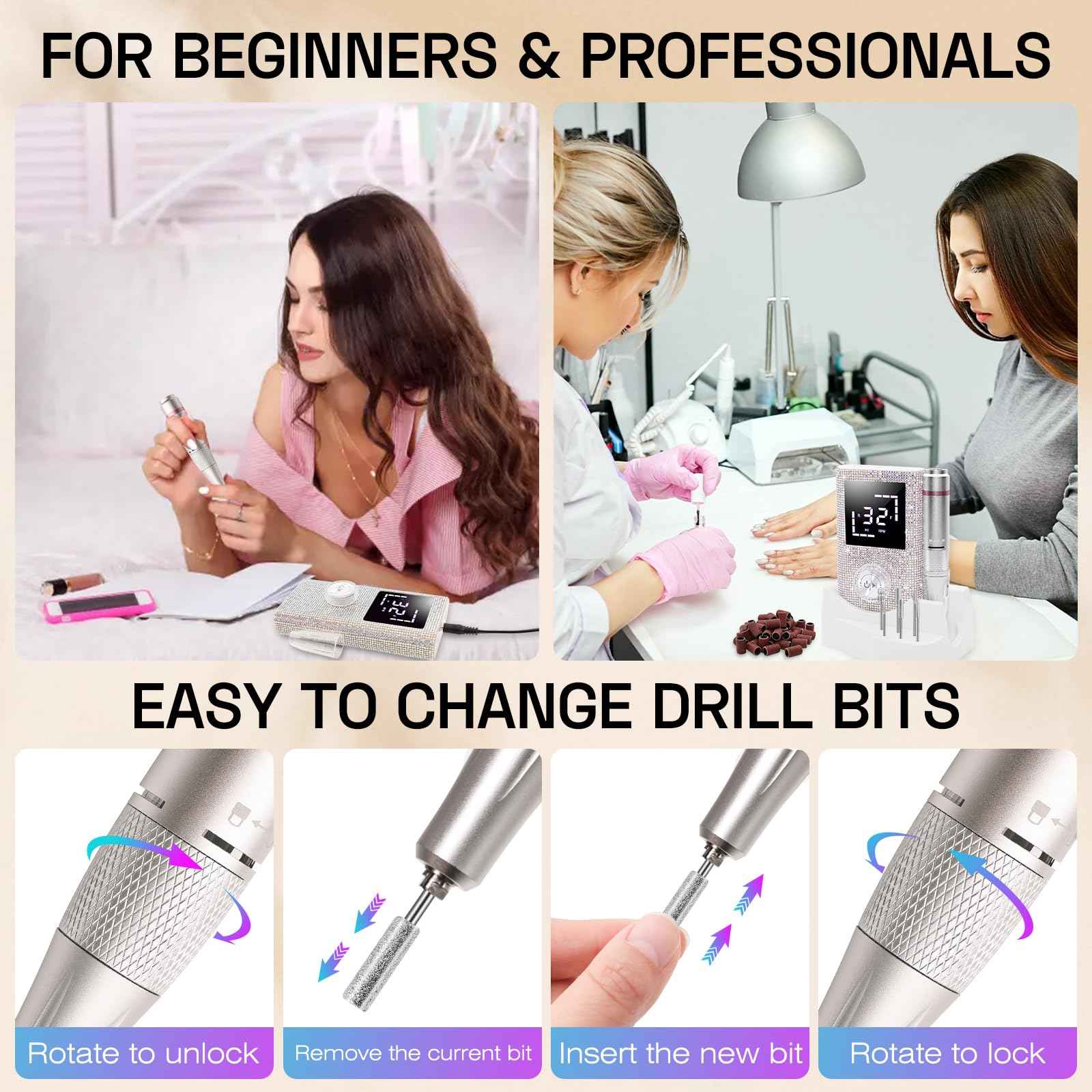 Electric Nail Drill File Machine: Professional 45000RPM Cordless Nail Tool with Stepless Speed Knob for Acrylic Gel Dip Powder Nails, Portable Manicure Pedicure Kit for Home Salon Use