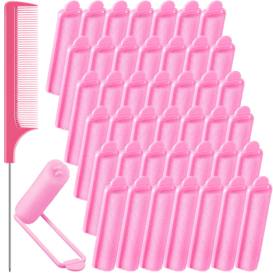 43 Pieces Foam Sponge Hair Rollers Set, Soft Sleeping Hair Curlers 0.59 Inch Flexible Hair Styling Sponge Curler and Stainless Steel Rat Tail Comb Pintail Comb for Hair Styling(Pink)