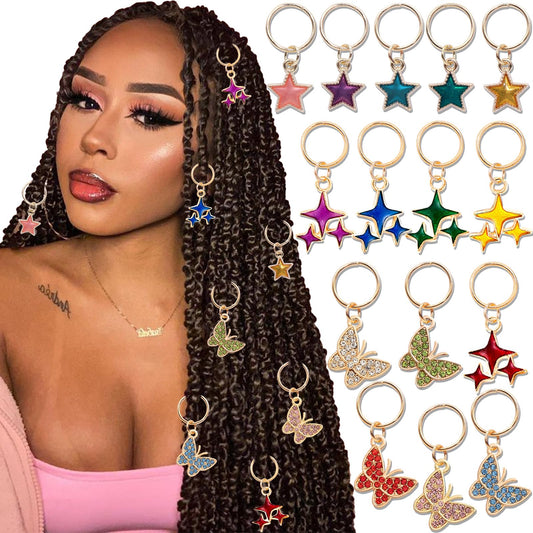 SAWINDA 15PCS Hair Jewelry for Braids Rhinestone Butterfly Star Loc Dreadlocks Gold Hair Charms Multi-color Hair Pendant Rings Dreadlock Accessories Hair Clips Decoration for Women and Girls