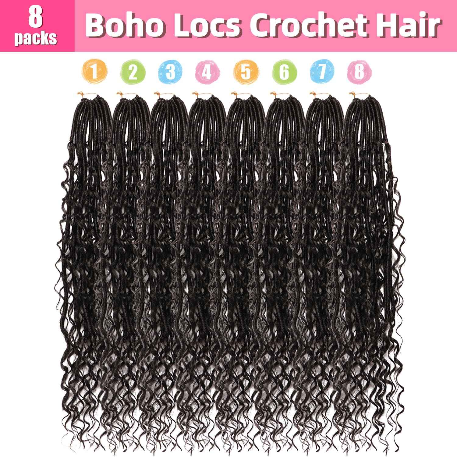 Soft Boho Locs Crochet Hair for Black Women-24 Inch 8 Packs Goddess Faux Locs Crochet Human Hair Feeling Pre Looped with Curly Ends (1B, 24 Inch(Pack of 8))
