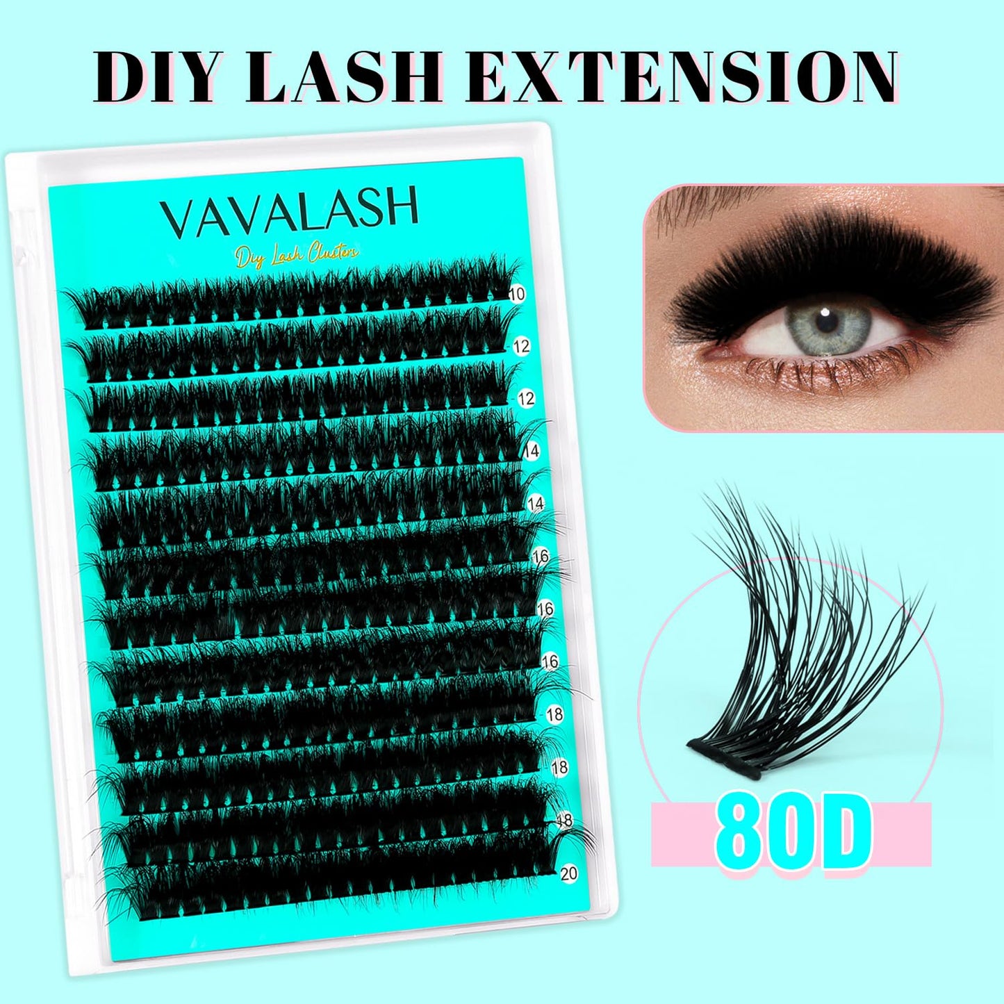 VAVALASH 80D Lash Clusters Wispy Volume Individual Lashes DIY Eyelash Extensions Individual Cluster Lashes Faux Mink False Lashes DIY Lashes at Home (80D,10-20MIX)