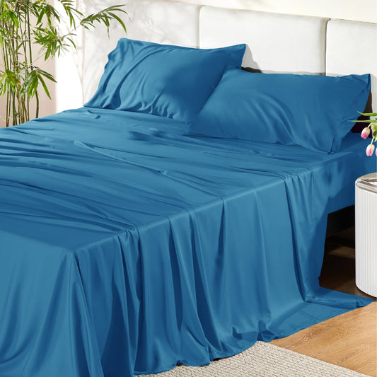 Bedsure Queen Sheets, Rayon Derived from Bamboo, Queen Cooling Sheet Set, Deep Pocket Up to 16", Breathable & Soft Bed Sheets, Hotel Luxury Silky Bedding Sheets & Pillowcases, Bluejay