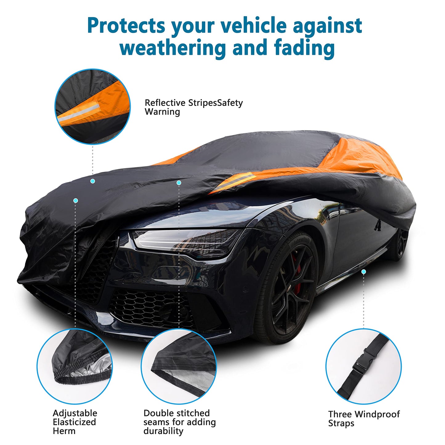 MORNYRAY Waterproof Car Cover All Weather Snowproof UV Protection Windproof Outdoor Full car Cover, Universal Fit for Sedan (Fit Sedan Length Up to 153 inch, Orange)