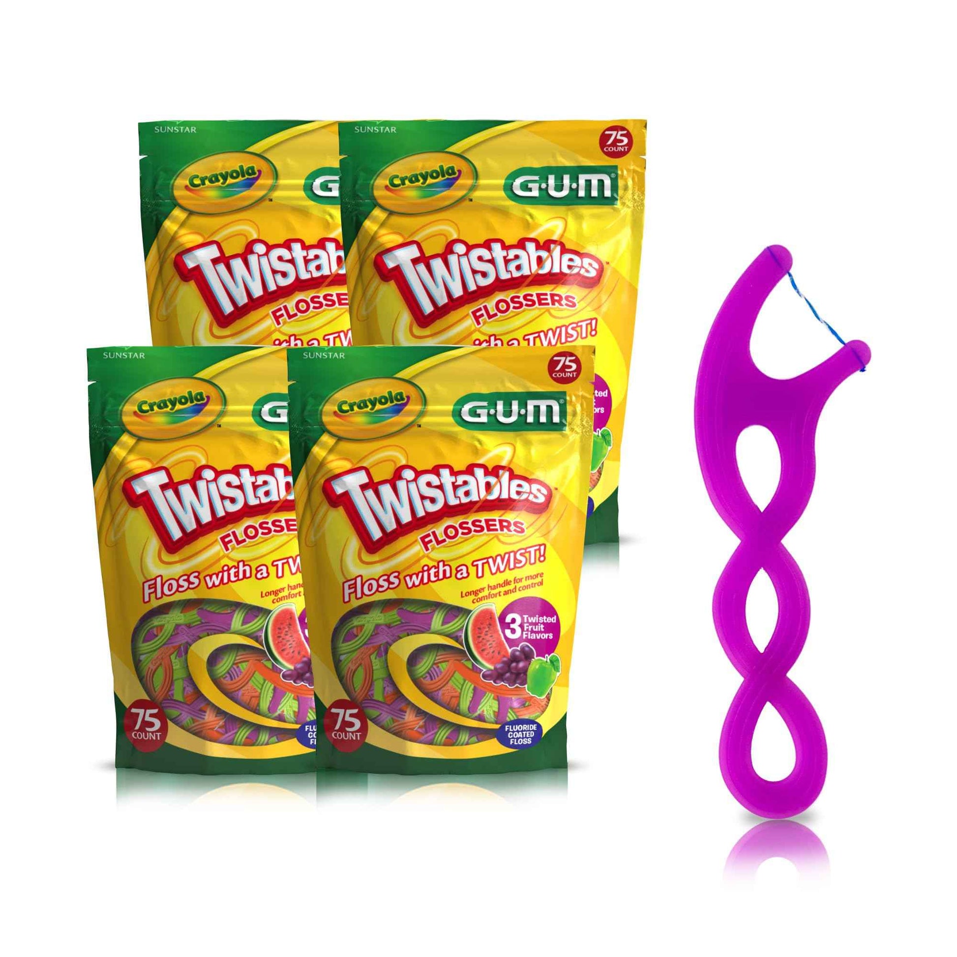GUM Crayola Twistables Kids Flossers with Fluoride - Designed for Little Hands - Three Fun Fruit Flavors - Easy to Use Kids Floss Picks for Children Ages 3+, 75 ct (4pk)