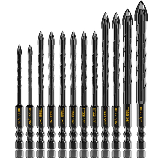 TITGGI Masonry Drill Bit Set 12PCS - Cement Drill Bit, Professional Concrete Drill Bit Set for Glass/Brick/Cement/Tile/Etc, Industrial Strength Carbide Cross Drill Bit Tip, 3/16"-1/2"