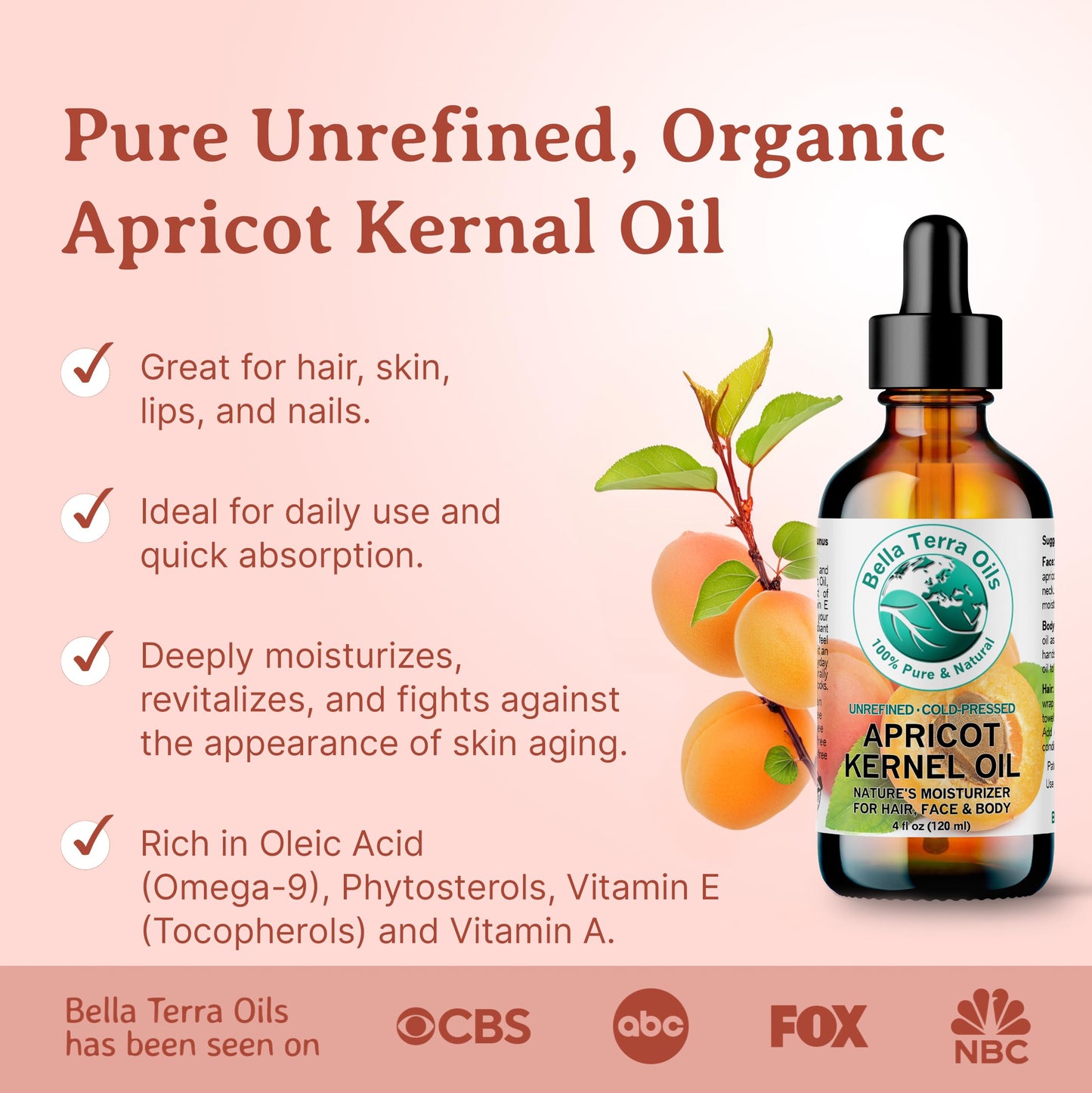 Bella Terra Oils - Organic Apricot Seed Oil 8 oz - Embrace the Bitter Organic Apricot Kernels Richness, Vitamin-Enriched, Perfect for Soothing & Moisturizing Skin