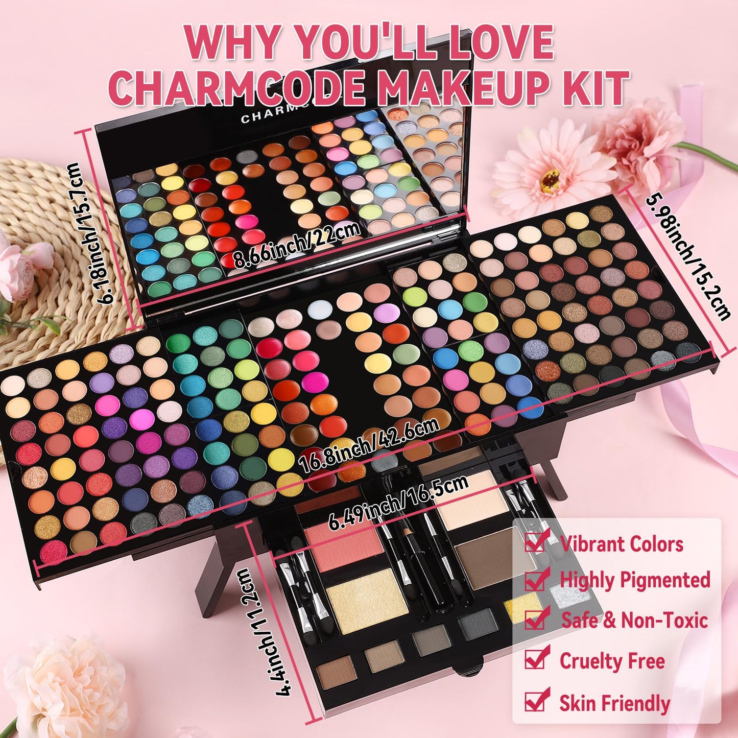 CHARMCODE 190 Colors Cosmetic Make up Palette Set Kit Combination with Eyeshadow Facial Blusher Eyebrow Powder Face Concealer Powder Eyeliner Pencil A Mirror All-in-One Makeup Gift Sets For Women