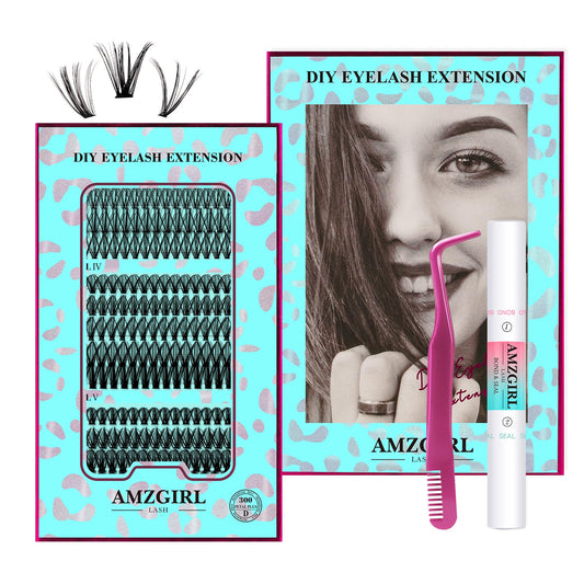 Eyelash Extension Kit 300PCS, Individual Lash Clusters D Curl, DIY Lashes Extensions Kit With Lash Bond and Seal Eyelash Tweezers False Eyelashes for Self Application(PP304050,D-Mix10-18 kit)