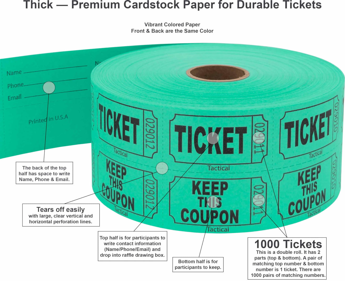 1000 Tacticai Raffle Tickets, Green (8 Color Selection), Double Roll, Ticket for Events, Entry, Class Reward, Fundraiser & Prizes