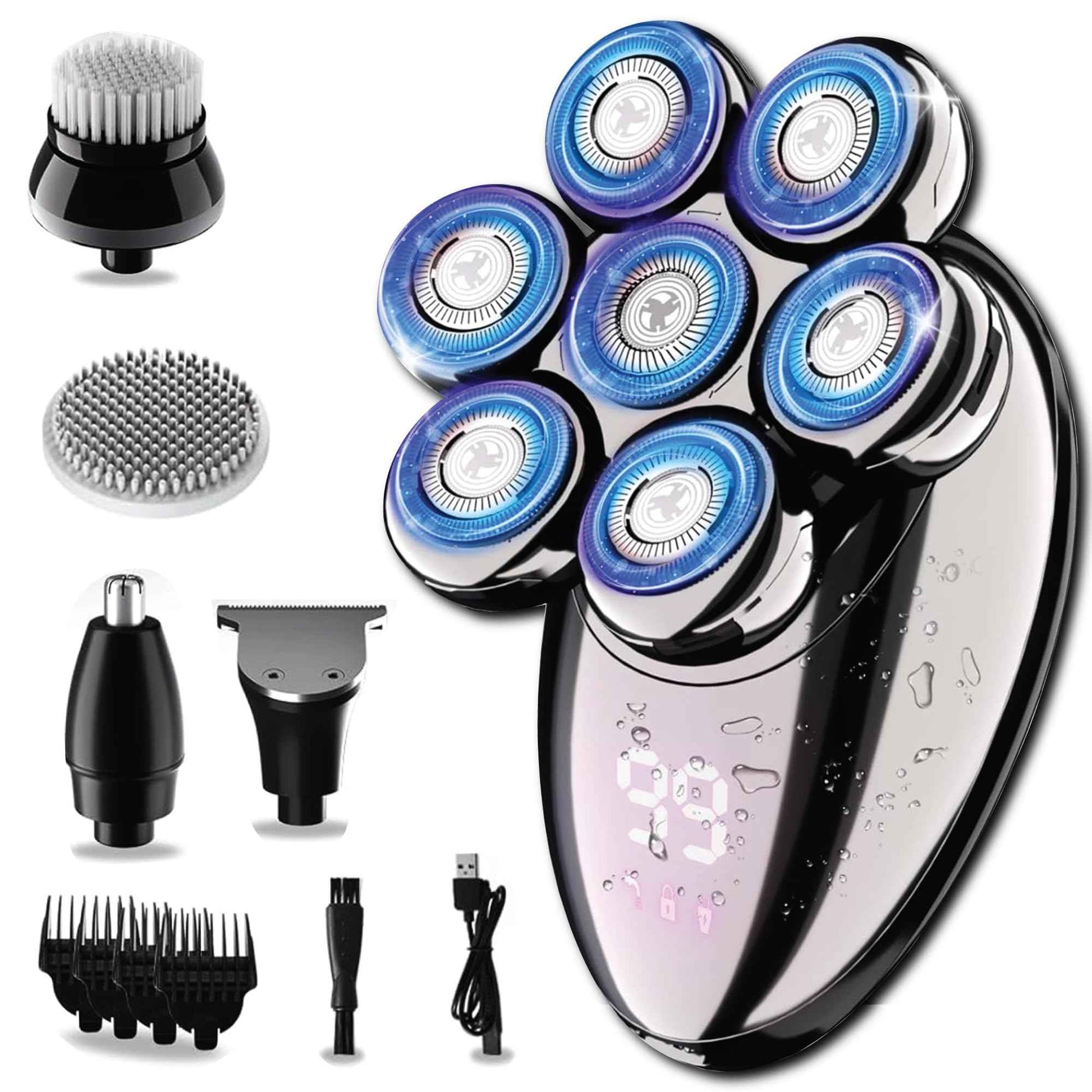 ROSHNI Head Shavers for Bald Men - Upgraded Detachable Head Shaver for Men - IPX7 Waterproof Electric Razor - 7D LED Display Rechargeable Grooming Kit with USB Charging Cable