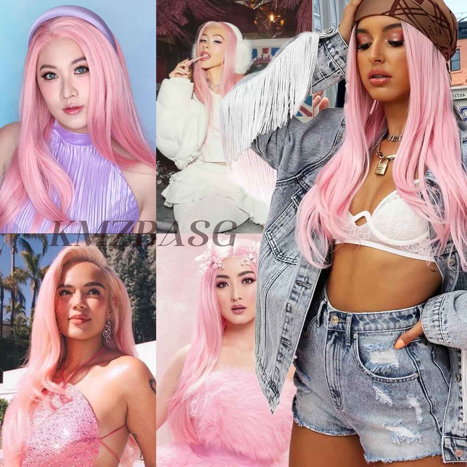 Kmzbasg Pink Lace Front Wig for Women Pre-Plucked Pre Cut Glueless Long Straight Layered Synthetic Ready to Wear Wig 4x6 HD Lace for Girls Party Cosplay and Daily Use 26 Inch
