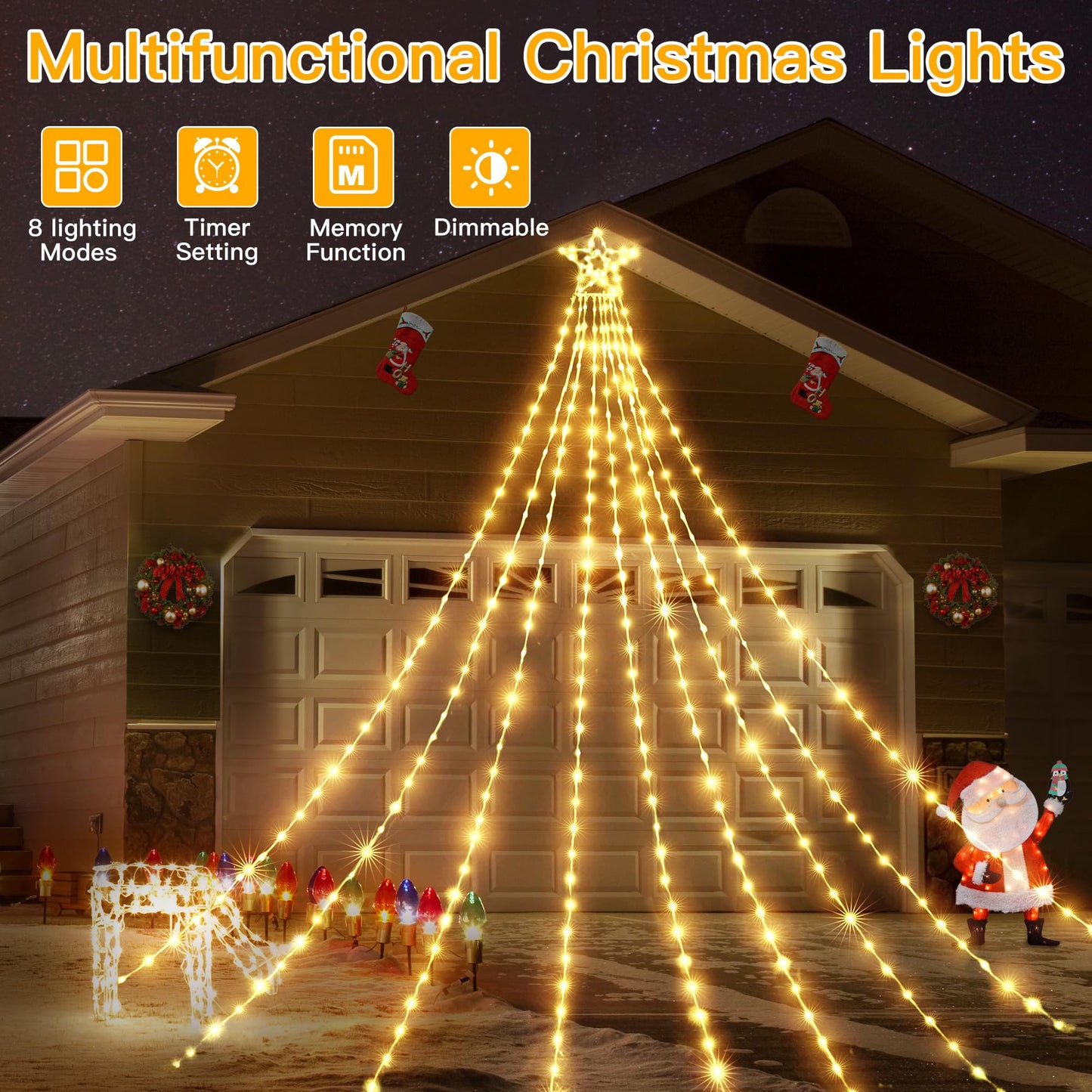 shineshine Christmas Lights 352LED 11.5FT, IP67 Waterproof Outdoor Christmas Decorations with 8 Lighting Modes, Remote Control Warm White Tree Lights for Outside Yard House