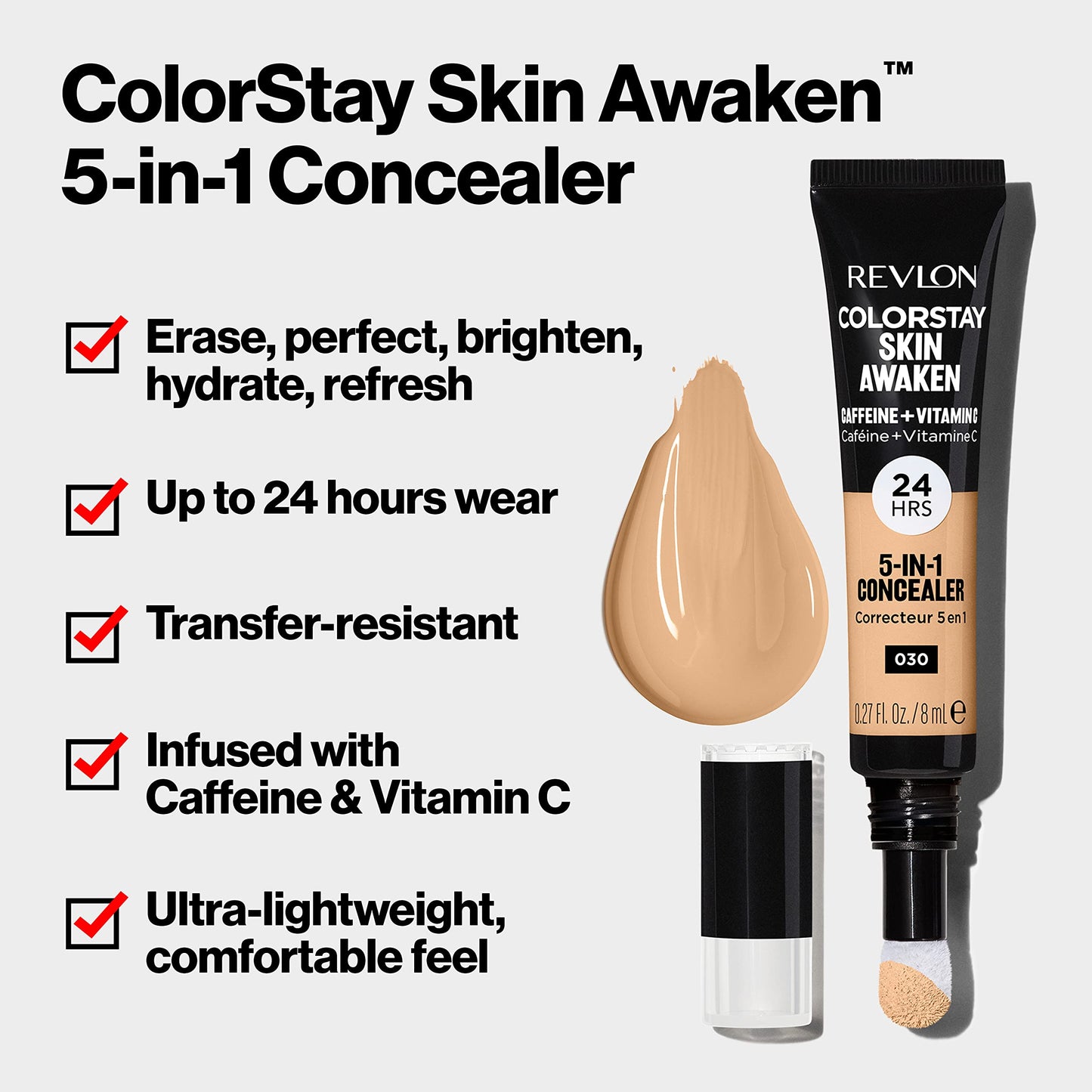 Revlon ColorStay Skin Awaken 5-in-1 Concealer, Lightweight, Creamy Longlasting Face Makeup with Caffeine & Vitamin C, For Imperfections, Dark Circles & Redness, 075 Hazelnut, 0.27 fl oz