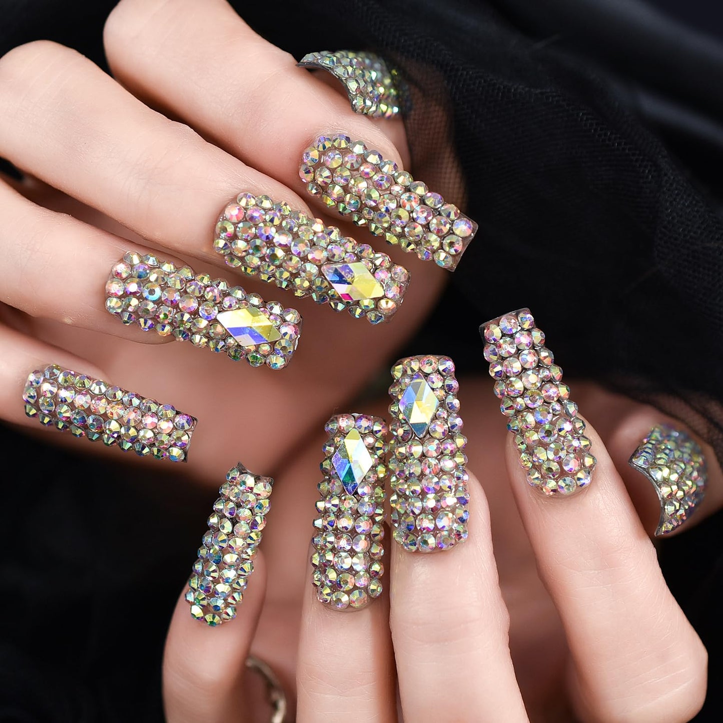 Shiny 3D Crystal Rhinestones Press on Nails, Coolnail Long Square Holo Diamond Handmade Jewelry Fake Nails With Glue Sticker, Gems Full Cover Glue on Nails, Luxe Nails for Party Women & Girl