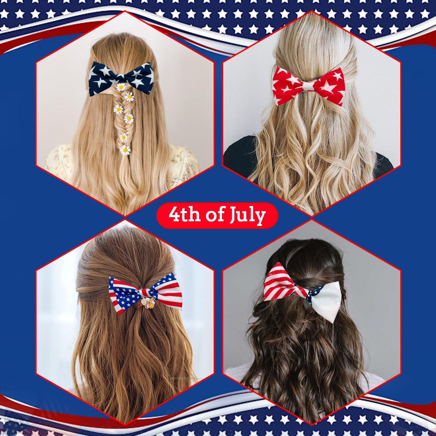 4th Of July Hair Clips Bow for Girls, 3.94'' x 2.17'' Patriotic Fable Bow Handmade American Flag Hair Clips Independence Day Hair Accessories for Little Girls Toddlers Kids