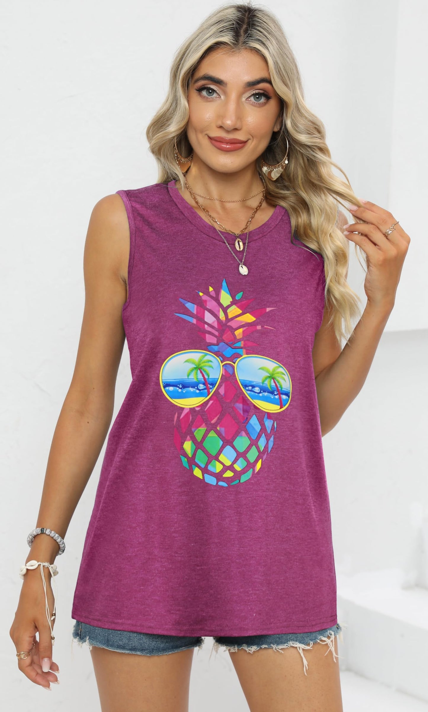 Womens Summer Tops Sleeveless Tank Top Crew Neck Loose Fit Tunic Shirts Blouse (Purple Pineapple, S)