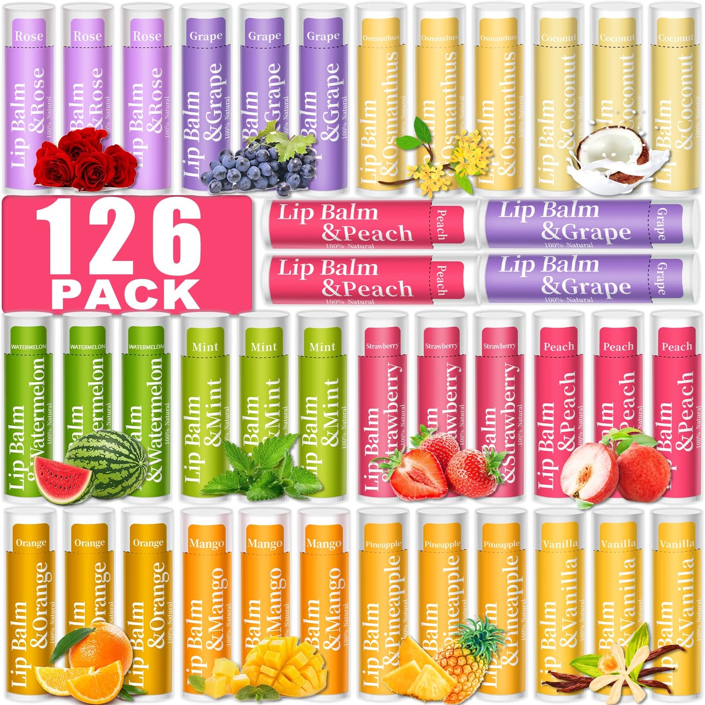 RBUGR 64 Pack of Lip Balm, 12 Flavored Lip Balms Pack, Natural Lip Balm Set with Vitamin E, Moisturising lips balm Bulk Gifts for Women Stocking Stuffers Party Favors(4.2g/0.15oz)