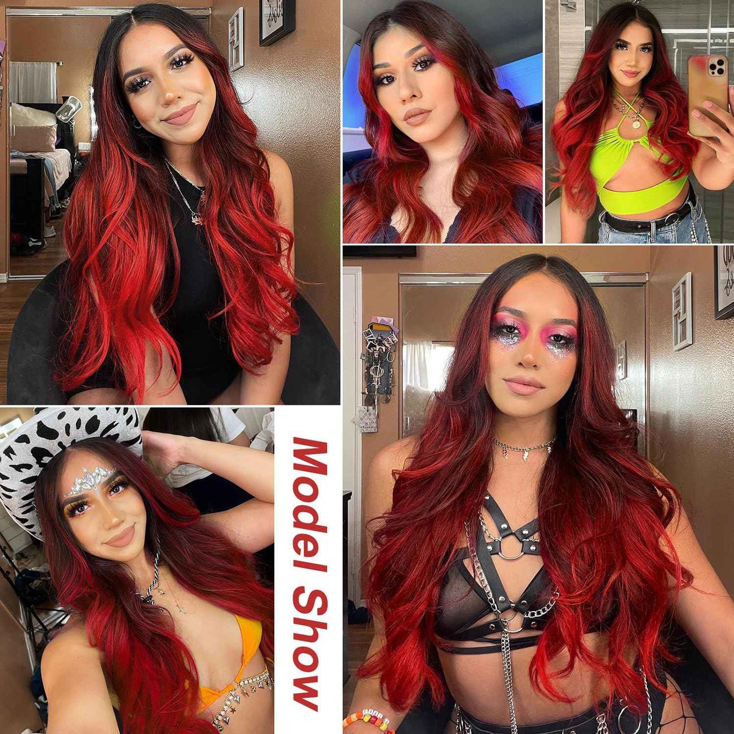 LUNDEREN Red Wavy Wig 26 Inch Long Red Ombre Wigs for Women Ombre Red Middle Part Wig Synthetic Heat Resistant for Daily Party Use (Ombre Red 26 Inch)