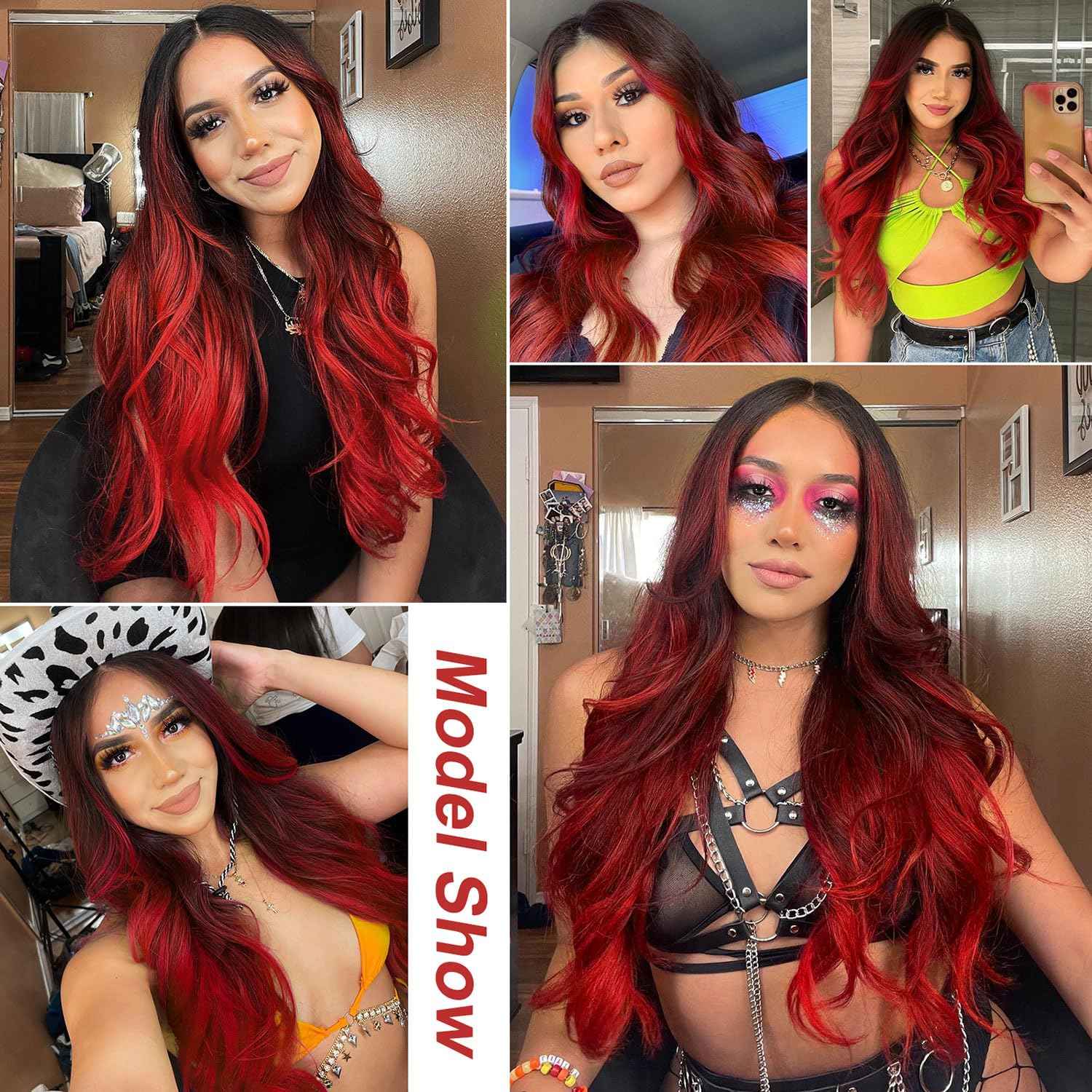 LUNDEREN Red Wavy Wig 26 Inch Long Red Ombre Wigs for Women Ombre Red Middle Part Wig Synthetic Heat Resistant for Daily Party Use (Ombre Red 26 Inch)