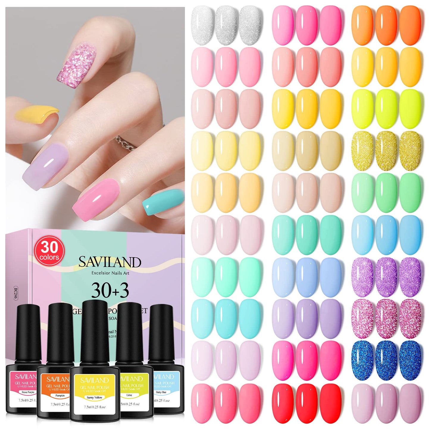 SAVILAND 33Pcs Gel Nail Polish Kit, Christmas Colors Gel Polish 7.5ml Soak Off U V LED Gel Pink Glitter Neon Bright Gel with Base & Glossy/Matte Top Gel Nail Supplies Nail Art Starter Kit Salon Home