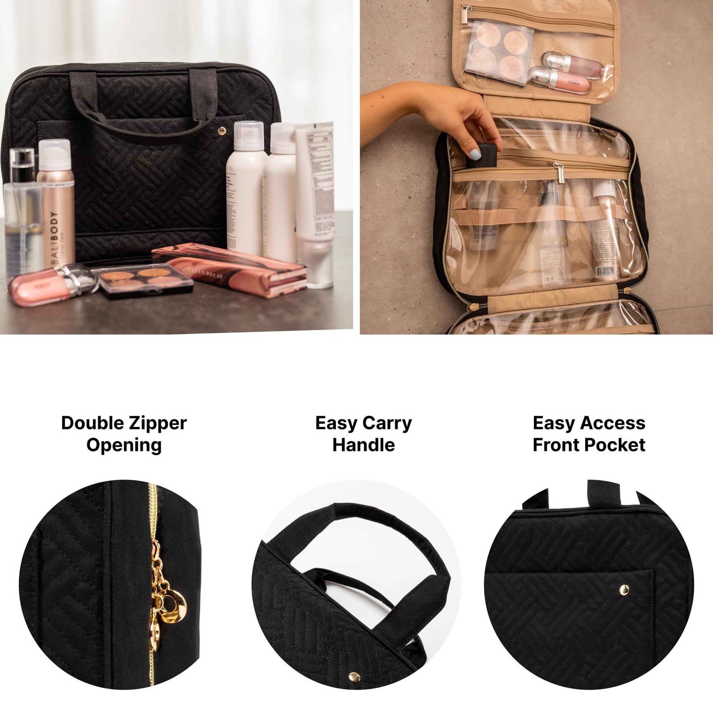 Carrywell |Not Made In China| Hanging Toiletry Travel Bag For Women, Makeup Organizer Case, Water-Resistant Cosmetic Bag For Full-size Containers, Toiletries (Black, Large)