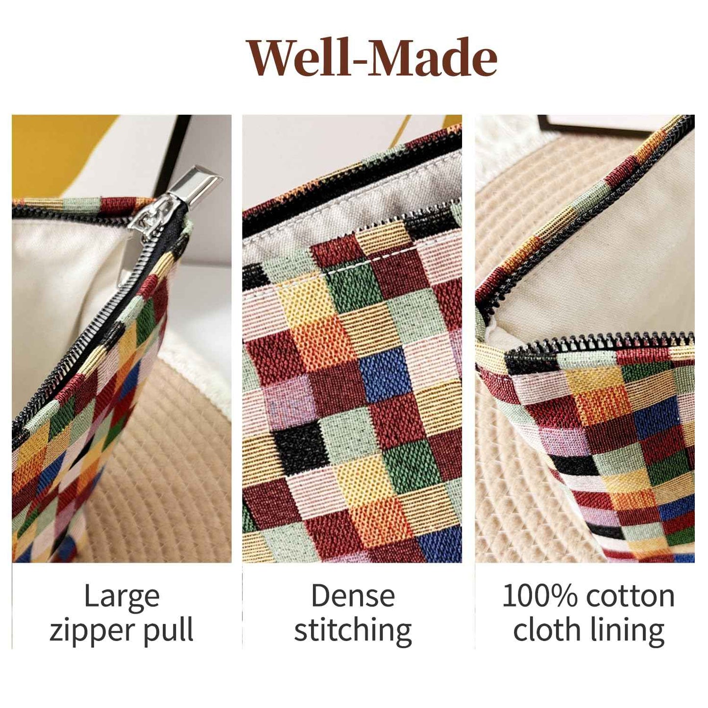 Stylish Checkered Makeup Bag for Woemn, Travel Cosmetic Car Organizer, Tartan Cosmetic Bag, Colorful Squares Zipper Canvas Pouch, Plaid Makeup Pouch for Purse, Gingham Make up Bag, Coquette Gifts