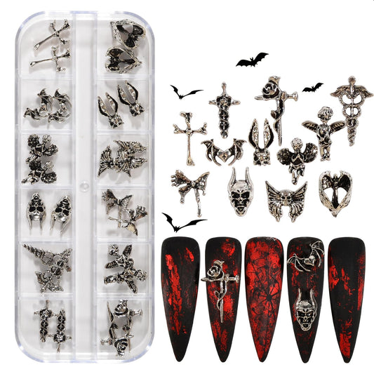 BAIYIYI 24Pcs/Box Halloween Nail Charms Decorations 3D Vintage Punk Skulls Cross Nail Art Charm Metal Alloy Halloween Nail Design for Manicure Craft DIY Nail Art Accessories