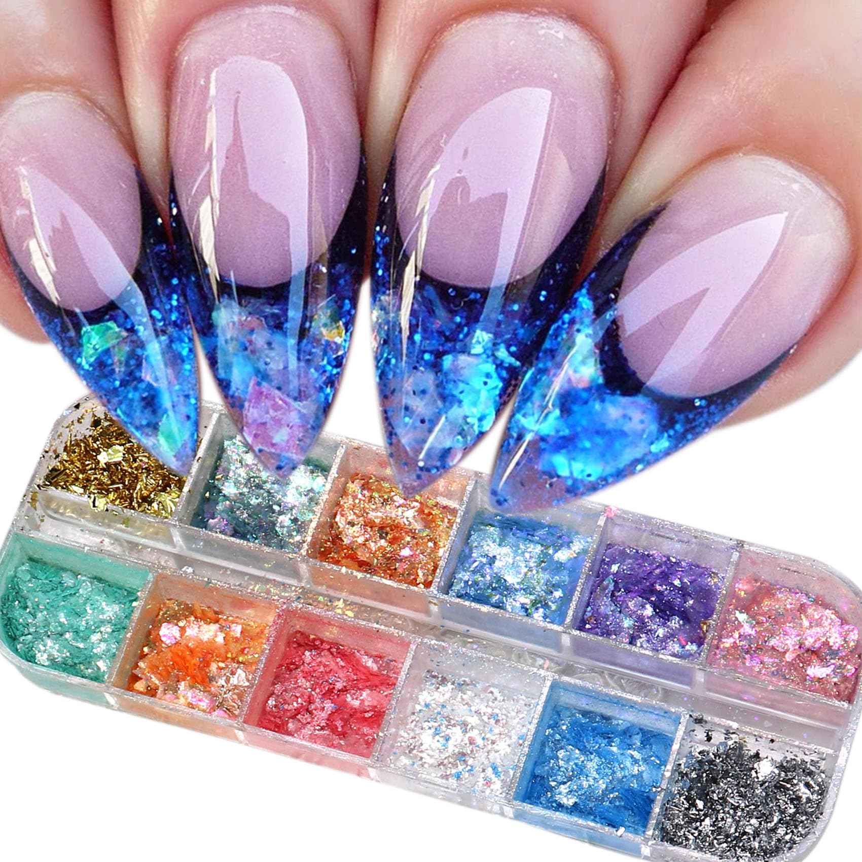 Holographic Nail Glitter 12 Grids Opal Glitter Powder Nail Charms Eye Rhinstones Mermaid Iridescent Nail Sequins Flakes Gold Silver Nail Foil for Nail Art Deisgn Kit for Christmas Halloween
