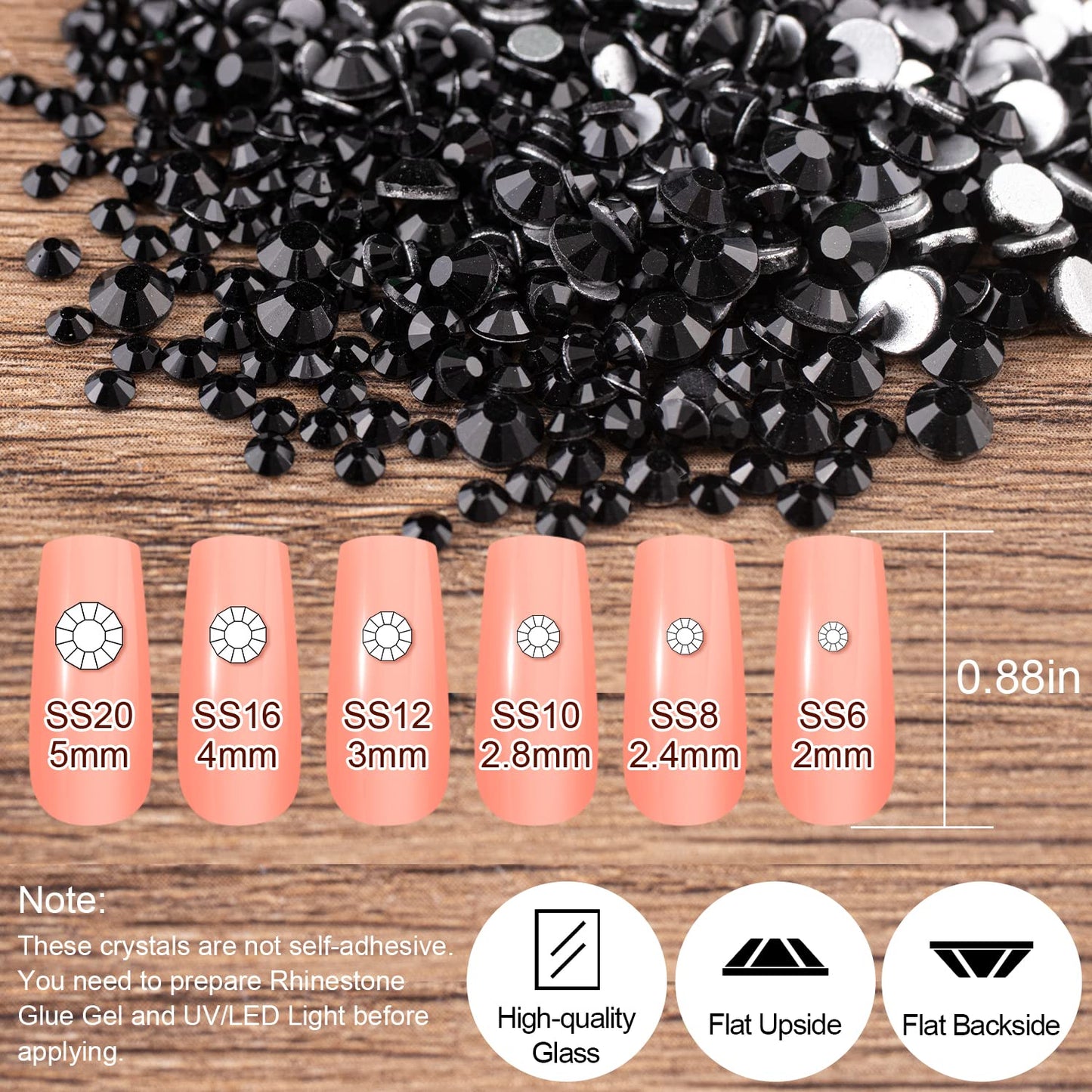 18 Styles Multi-Shaped Glass Gemstones for Nails and 6 Sizes Round Crystal Rhinestones Kit #4, Black Nail Art Charm Bead Manicure Decoration with Pickup Pencil and Tweezer