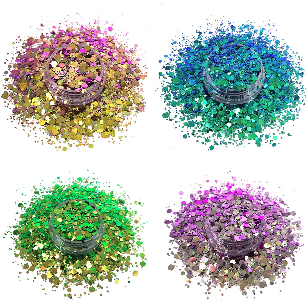 12 Pack - Mermaid Color Shift Chunky Face Glitter, Hair Glitter, Eye Glitter & Body Glitter for Women & Men. Rave Glitter, Festival Accessories & Cosmetic Glitter Makeup. Loose Glitter Pots, Glue