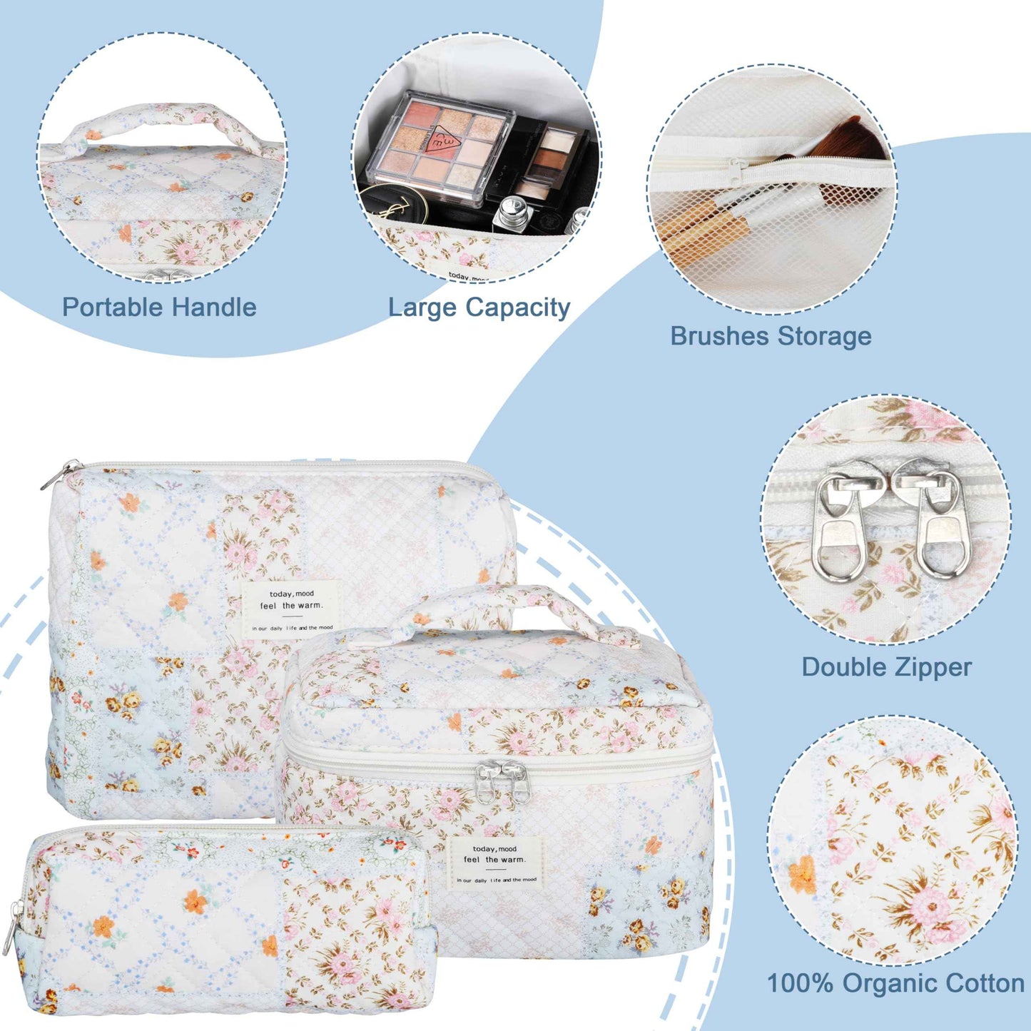 TESAFNG Quilted Makeup Bag Set - 3 PCS Cute Floral Cotton Makeup Bag, Large Coquette Aesthetic Make up Cosmetic Bag, Flower Travel Toiletry Organizer Bags for Women Girls
