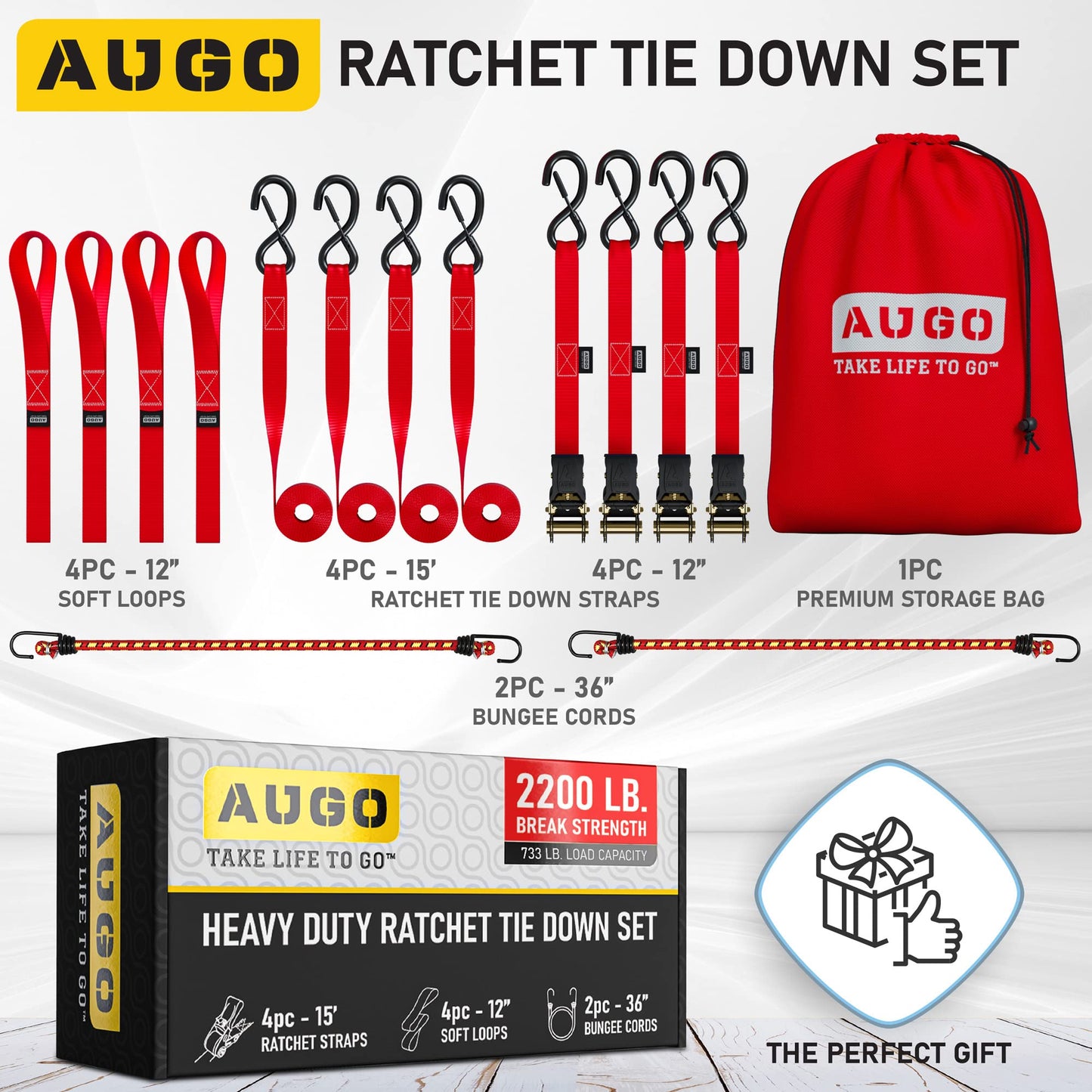 AUGO Ratchet Straps Heavy Duty 4 Pack -15 FT - 2200 LB Break Strength – Ratchet Tie Down Straps with Safety Lock S Hooks - Cargo Straps for Moving, Appliances, Motorcycle – Soft Loop Tie Down Straps