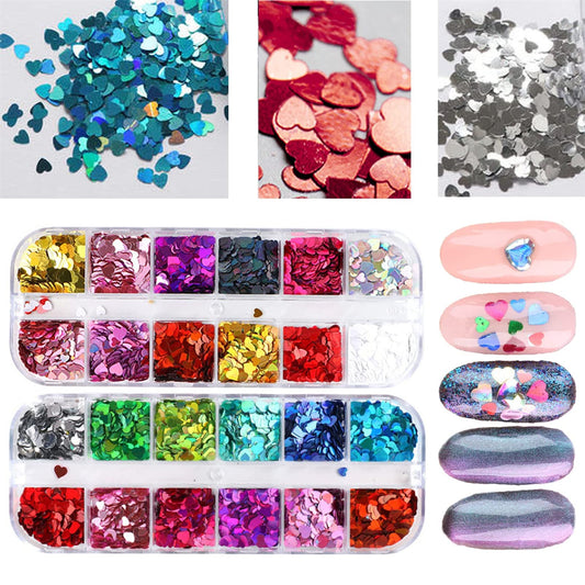 Nail Glitter Sequins 24 Colors Holographic Sparky Mixed Heart Shaped Nail Sequins for Acrylic Nail Art Glitter Nail Art Decoration Eye Face Body DIY Decoration Accessories