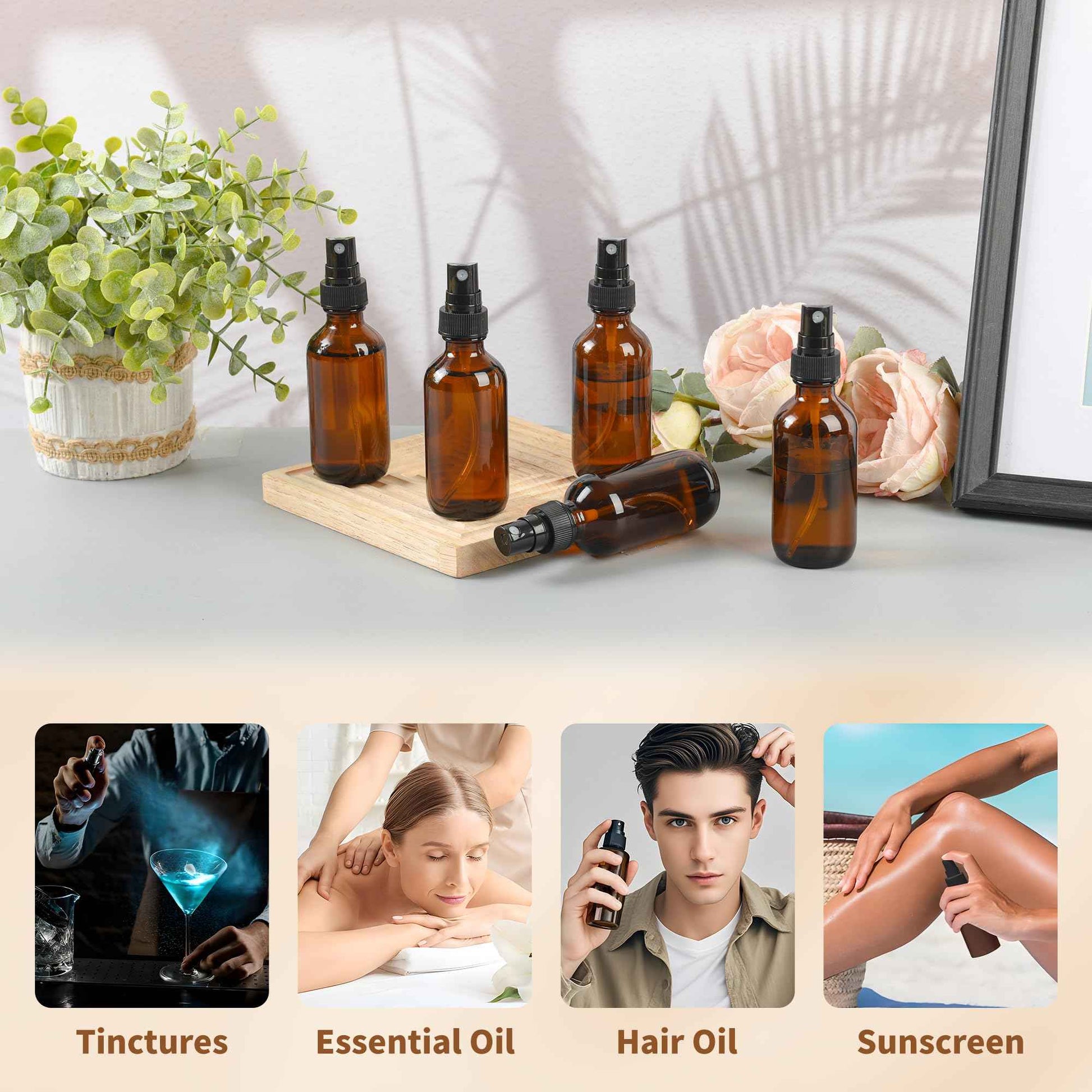 BILLIONSTARS 24 Pack 2oz Glass Boston Round Bottle with Fine Mist Sprayer - Amber - Essential Oils, Bath, Beauty, Hair & Cleaning - Leakproof Travel Bottles