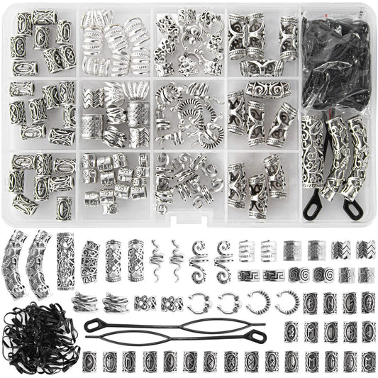 152PCS Vikings Hair Jewelry Norse Runes Tube Beads, Metal Clips Cuffs Rings, Accessories for Braids Dreadlocks Beads for Braiding Beard Decoration Bracelets Pendant Necklace DIY