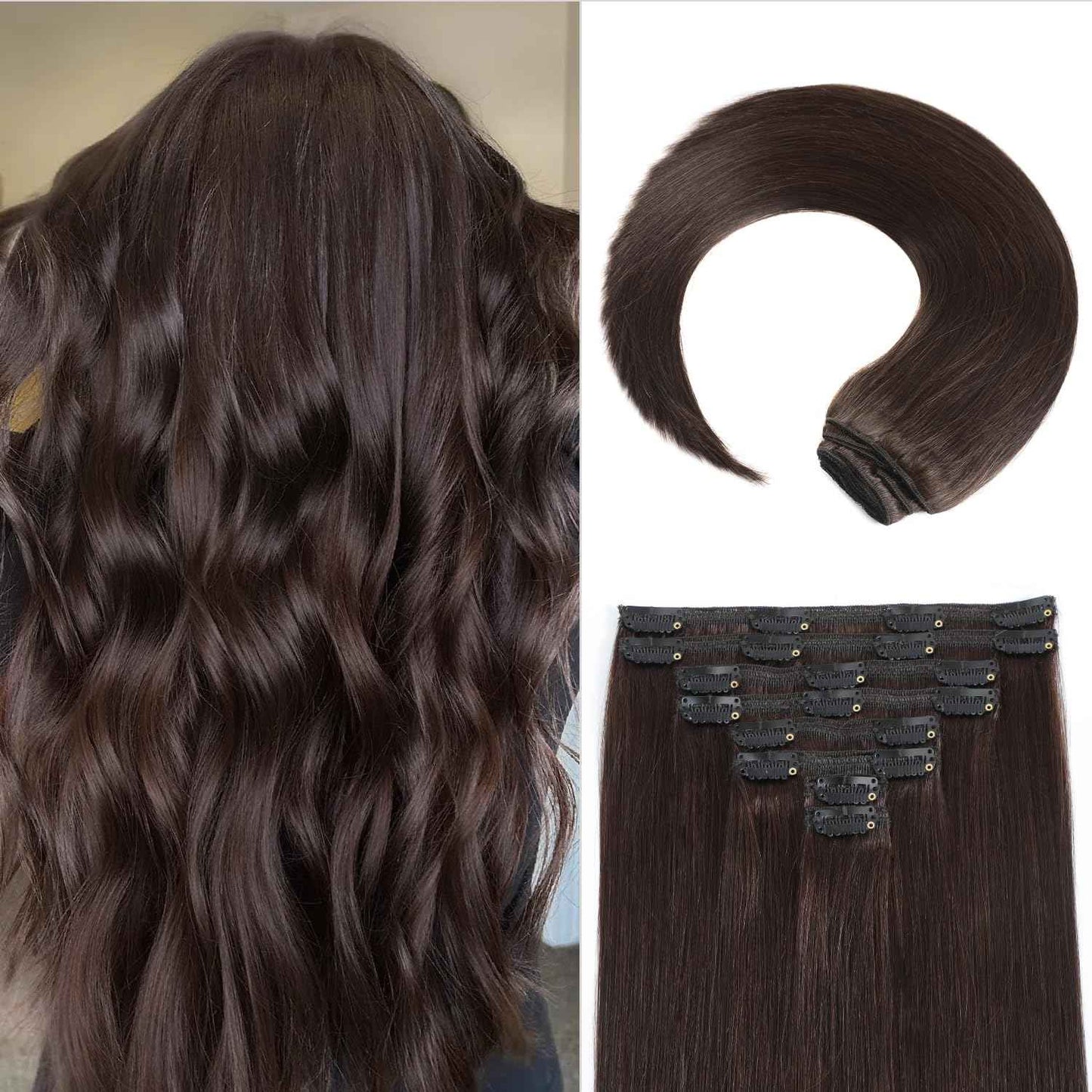 MEYOFUN Dark Brown Clip in Hair Extensions, 18 Inch 100g/3.5oz, 2 Dark Brown Hair Extensions Real Human Hair, Invisible Seamless Remy Human Hair Clip Extensions for Women 8pcs Per Set with Double Weft
