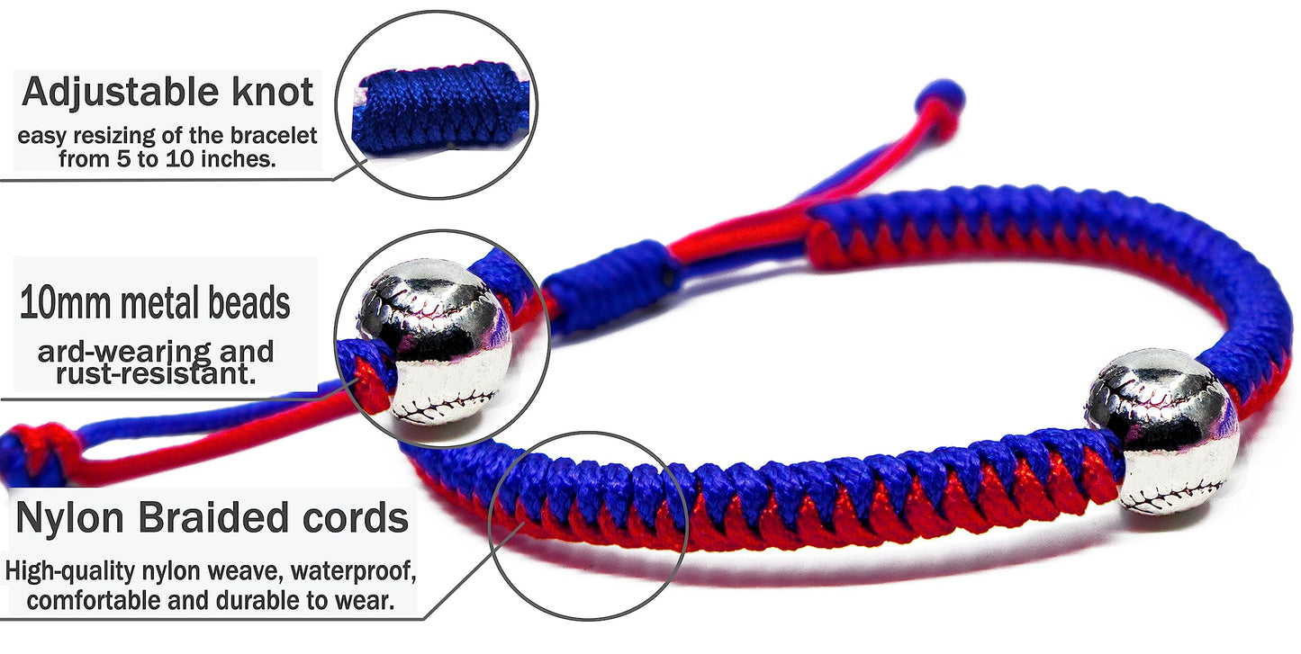 Handmade Braided Bracelets Baseball Gifts for Boys Adjustable Wristbands with Baseball Beads, Inspirational Baseball Bracelets for Girls Teens Adults (Blue Red 2PCS)