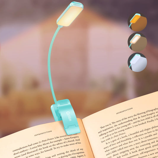 Gritin 9 LED Rechargeable Book Light for Reading in Bed - Eye Caring 3 Color Temperatures,Stepless Dimming Brightness,80 Hrs Runtime Small Lightweight Clip On Book Reading Light for Studying -Blue